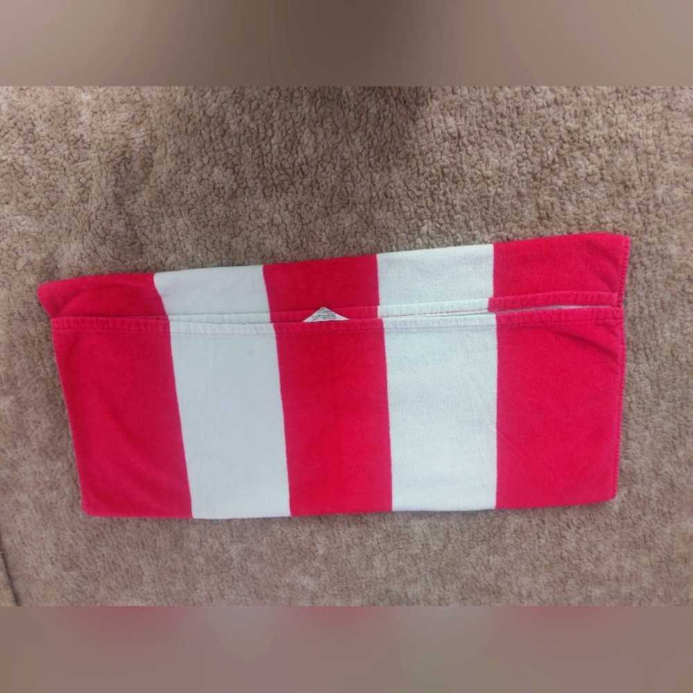 Beach Towel Striped "Sun Squad".  Color: Pink and White